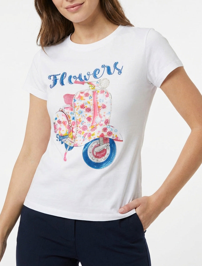 T-shirt met scooterpatroon met strass-steentjes - Wit
