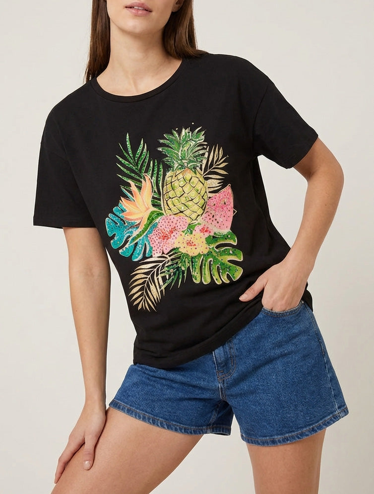 T-shirt met fruitenprint en strass. - Zwart