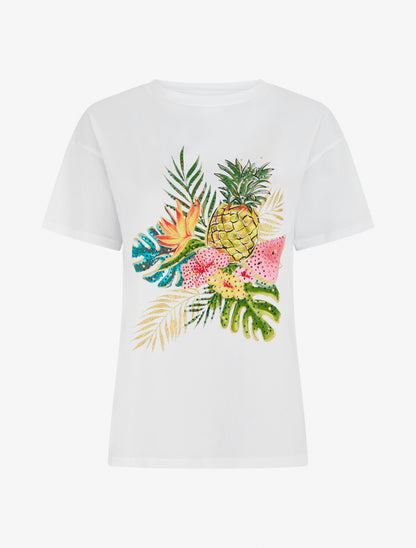 T-shirt imprimé fruits et strass - Blanc - 1
