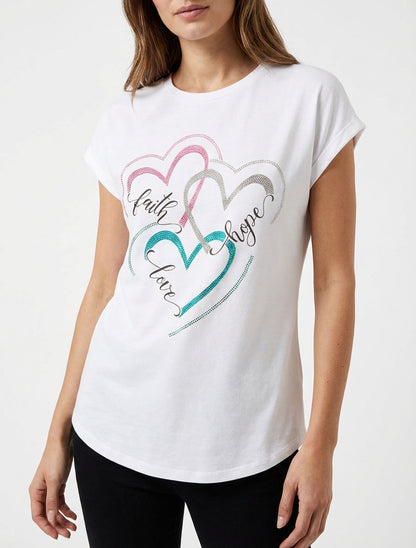 Bedrukt T-shirt met 3 strass harten - Wit