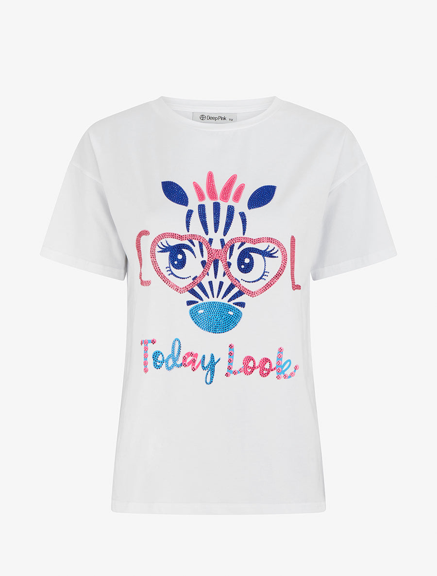 T-shirt imprimé girafe strassé - Blanc - 1