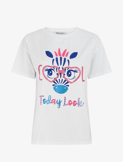 T-shirt imprimé girafe strassé - Blanc - 1