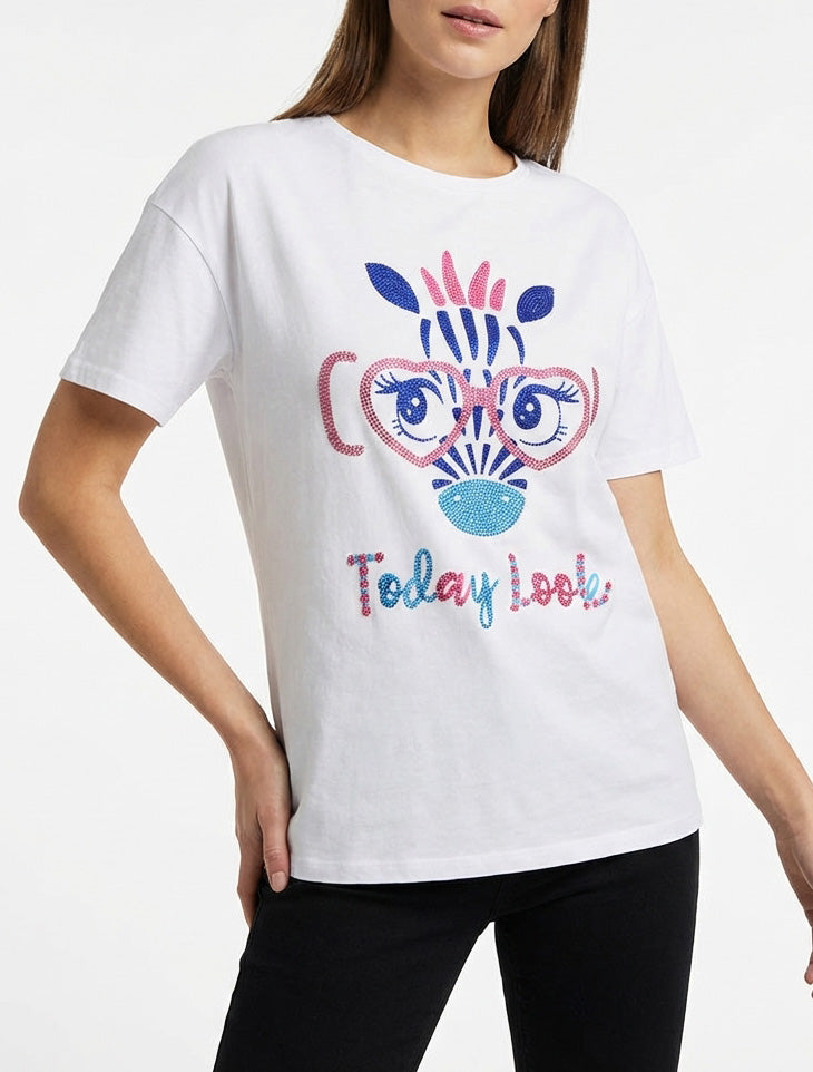 Giraffenprint T-shirt met strass - Wit