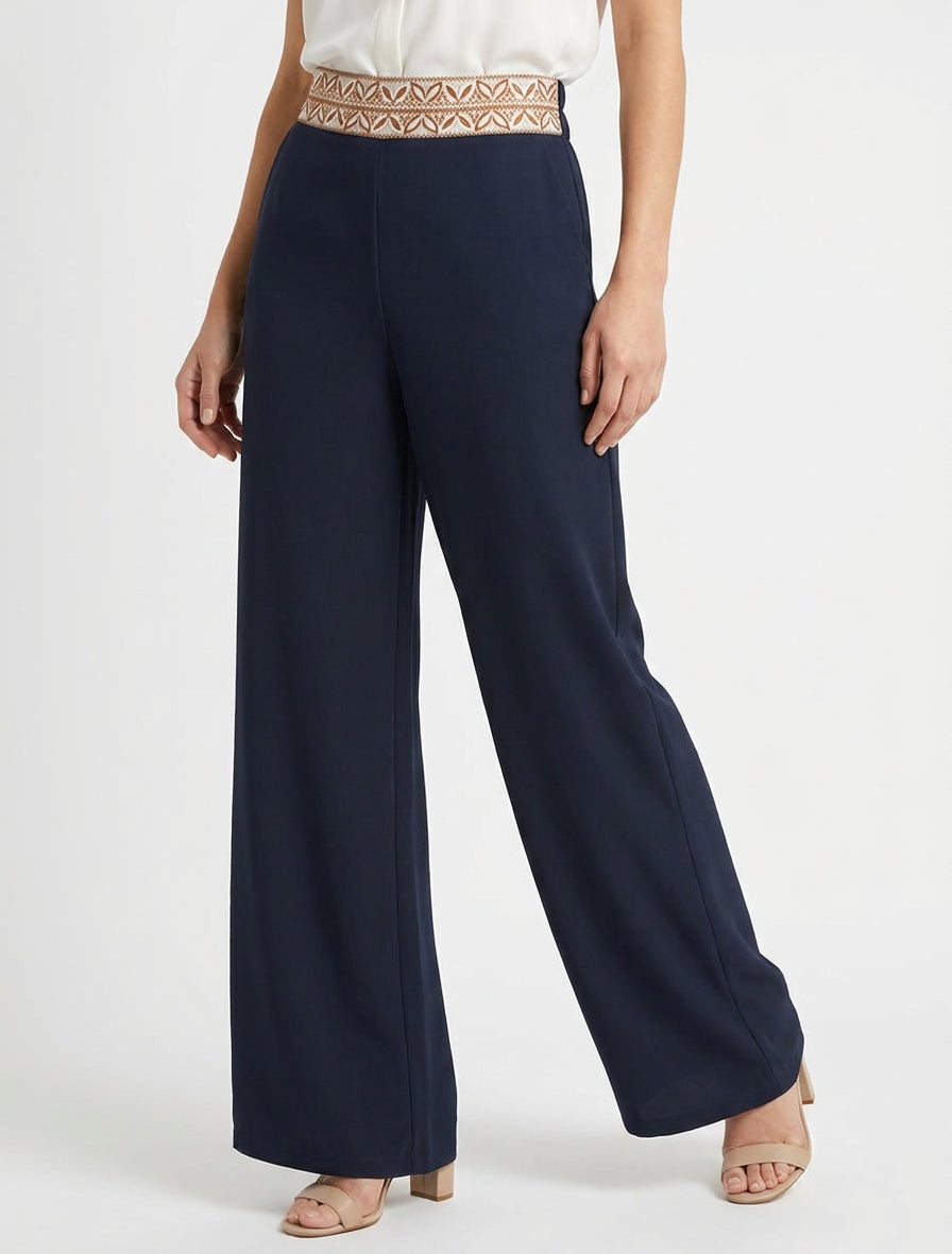 Effen vloeiende broek met hoge taille - Marine