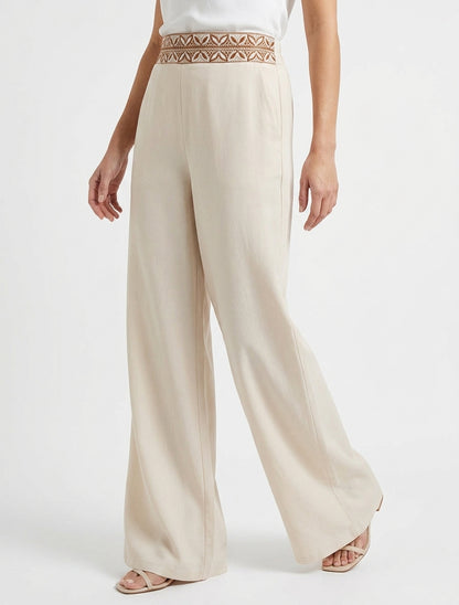 Effen vloeiende broek met hoge taille - Beige