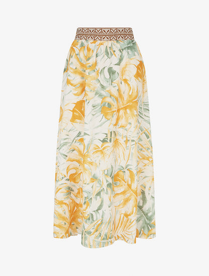 Jupe fluide longue à imprimé feuilles stylisées - Jaune - 1