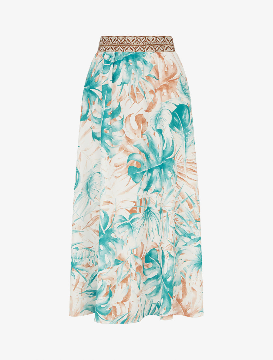 Jupe fluide longue à imprimé feuilles stylisées - Vert d&