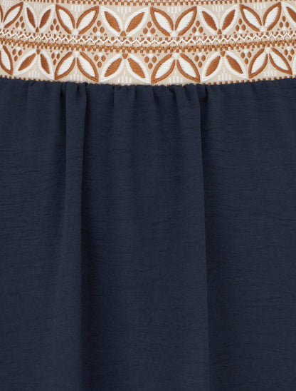 Jupe fluide longue à bande imprimé - Marine - 3