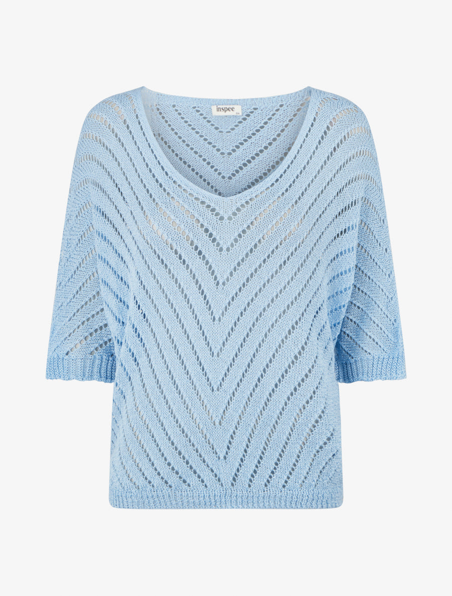 Pull ajouré à manches chauve-souris - Bleu ciel - 1