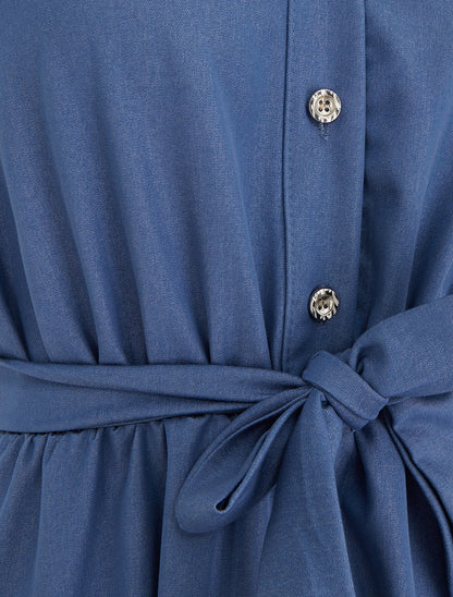 Robe unie élastiquée à buste boutonné - Bleu - 3
