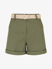 Short ceinturé uni à ourlet - Kaki - 1