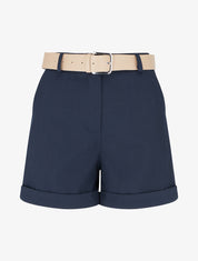 Short ceinturé uni à ourlet - Marine - 1