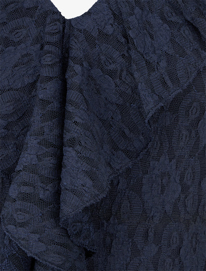 Body uni en dentelle à col volanté - Marine - 3