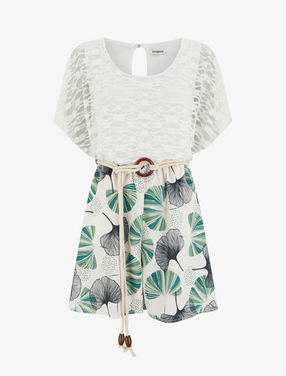 Combishort imprimé ginko à buste en dentelle - Vert - 1