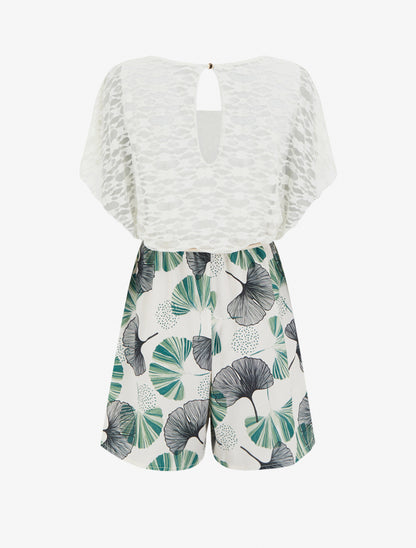 Combishort imprimé ginko à buste en dentelle - Vert - 2
