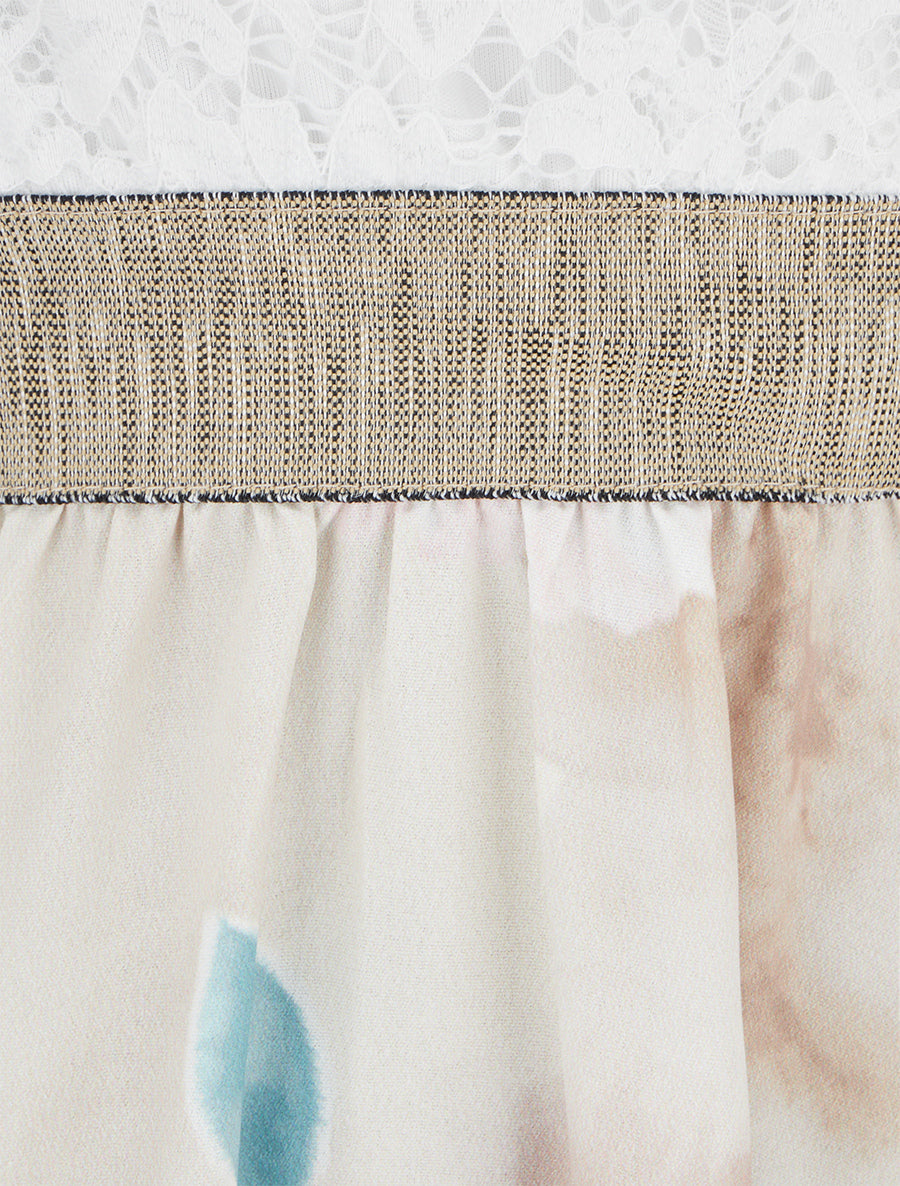 Robe mi-longue à dentelle et imprimé aquarelle - Beige - 3