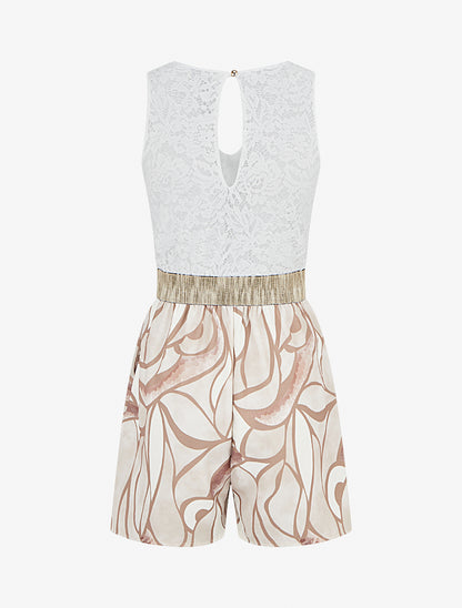 Combishort à dentelle et imprimé graphique - Beige - 2
