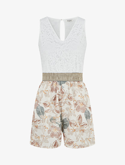 Combishort à dentelle et imprimé fleuri - Beige - 1