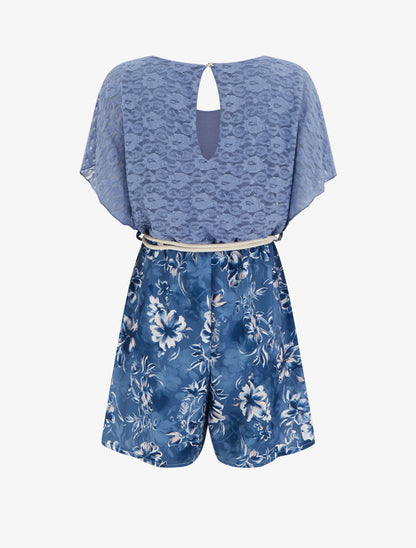 Combishort imprimé floral à buste en dentelle - Bleu - 2