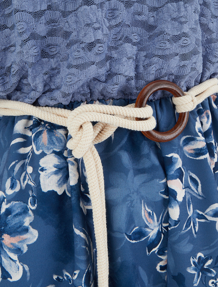 Combishort imprimé floral à buste en dentelle - Bleu - 3