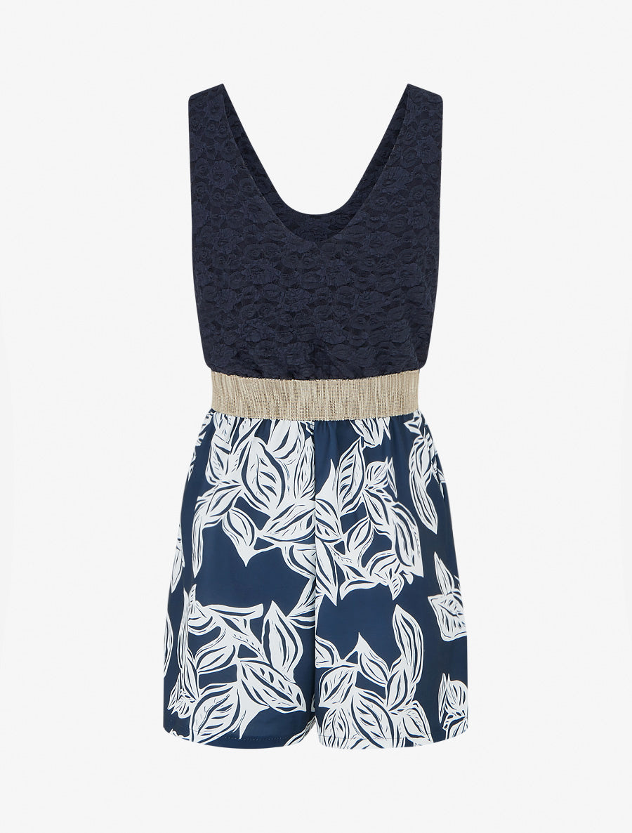 Combishort imprimé floral à buste en dentelle - Marine - 2