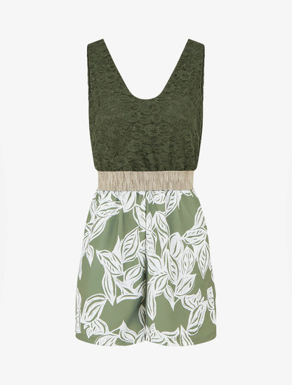Combishort imprimé floral à buste en dentelle - Kaki - 1