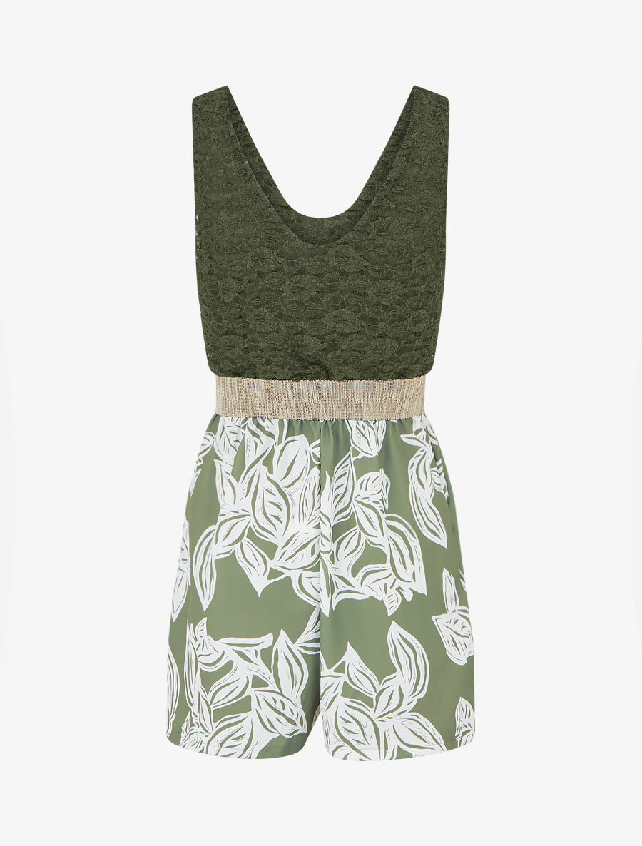 Combishort imprimé floral à buste en dentelle - Kaki - 2