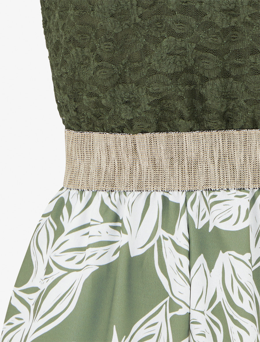 Combishort imprimé floral à buste en dentelle - Kaki - 3