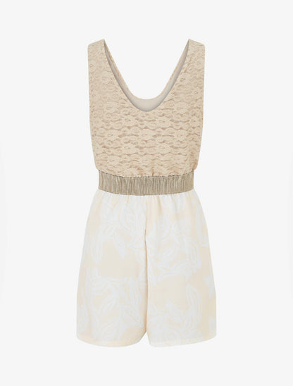 Combishort imprimé floral à buste en dentelle - Beige - 2