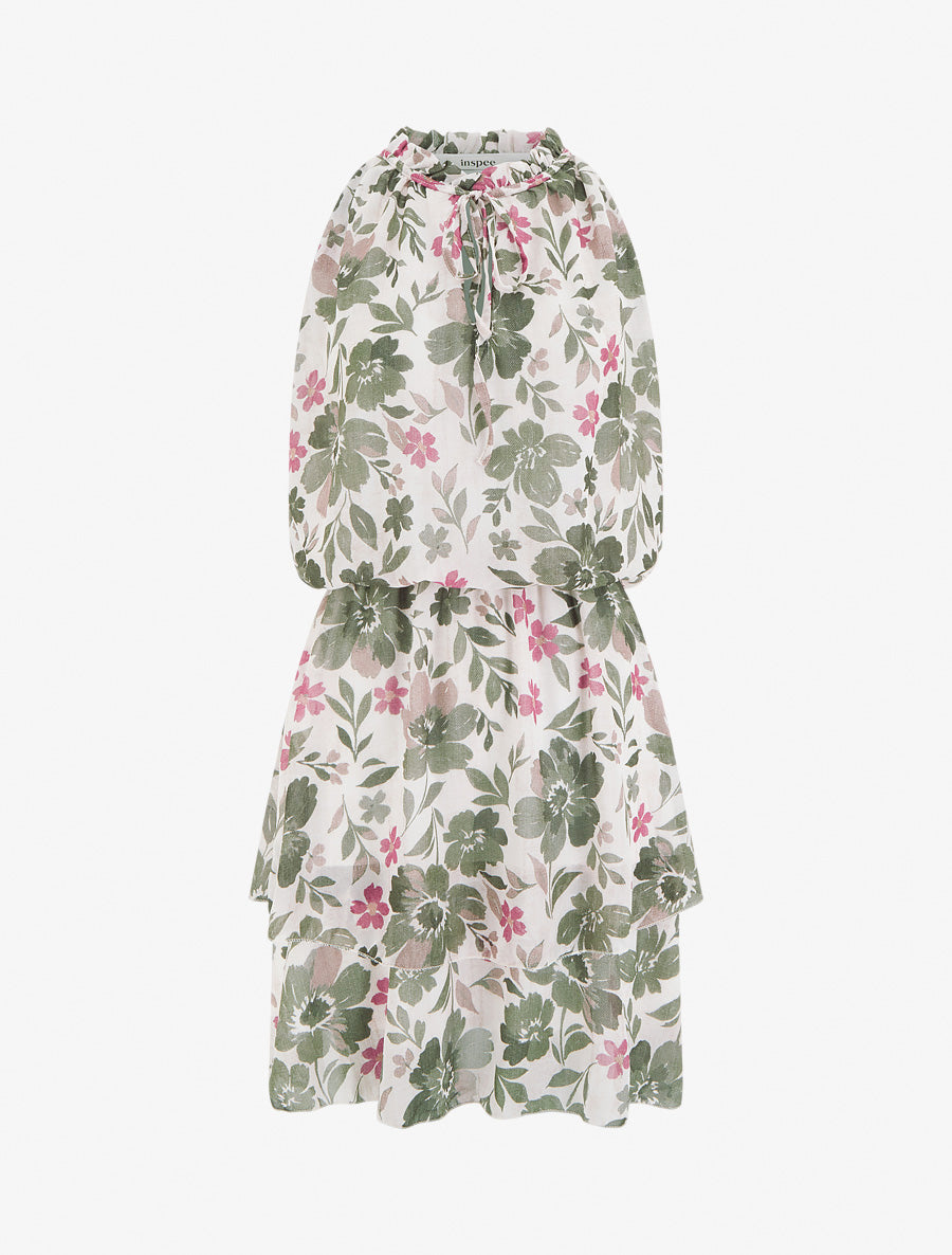 Robe imprimé fleuri à taille élastiquée - Kaki - 1