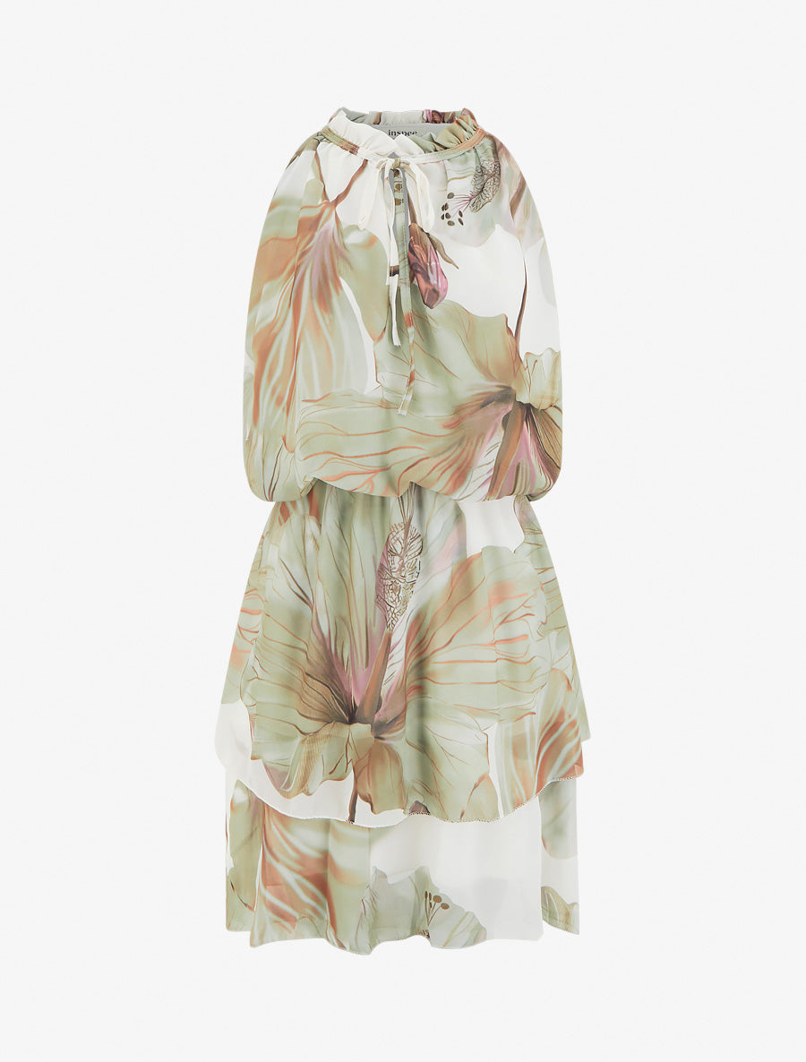 Robe imprimé floral à taille élastiquée - Kaki - 1
