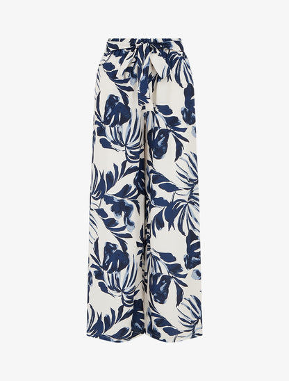 Pantalon élastiqué à imprimé tropical - Marine - 1