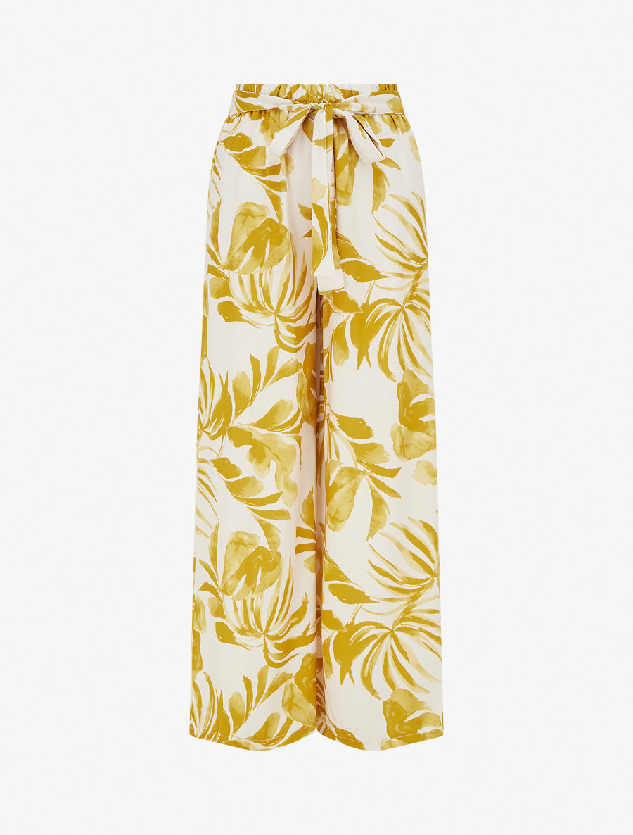 Pantalon élastiqué à imprimé tropical - Jaune moutarde - 1