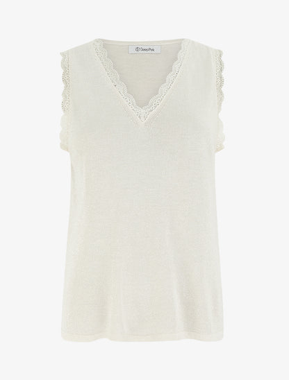 Débardeur irisé à col en dentelle - Beige - 1