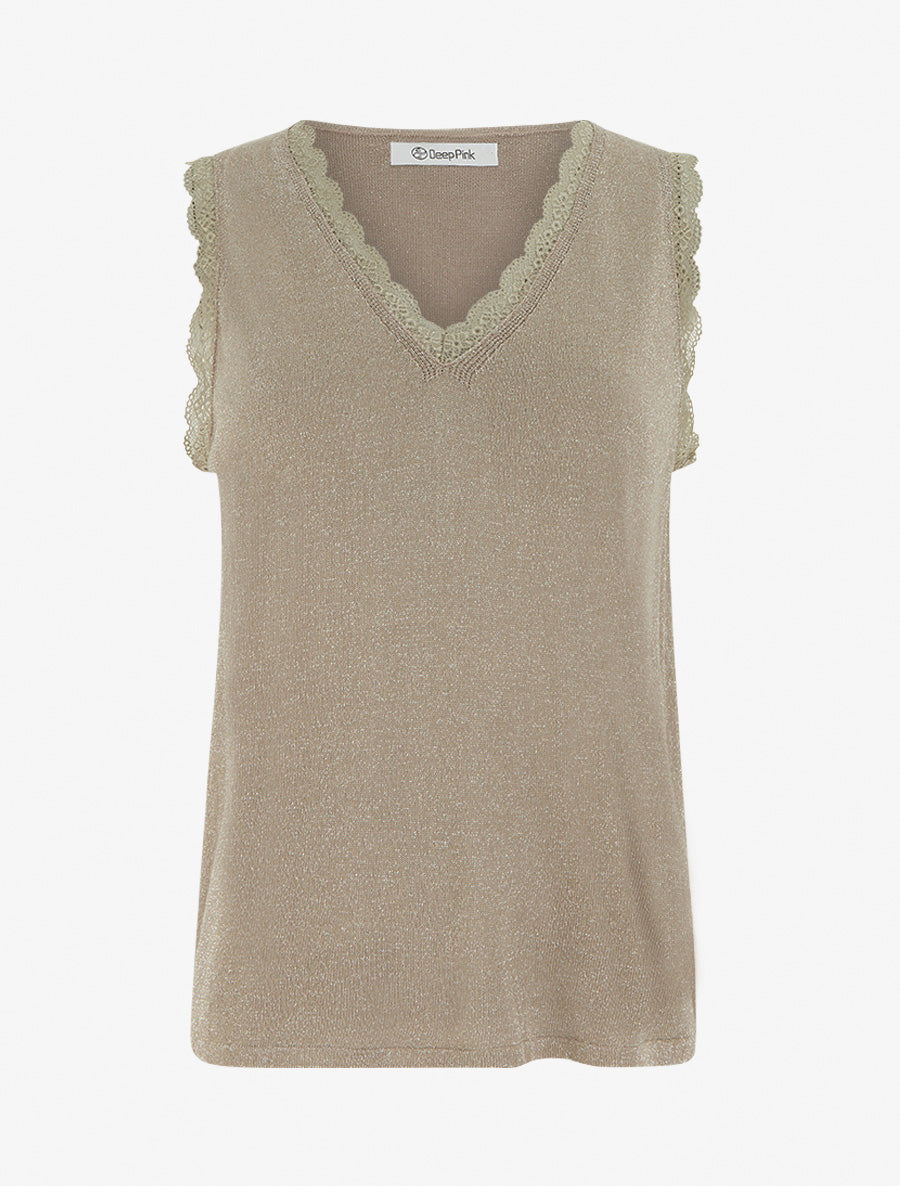 Débardeur irisé à col en dentelle - Taupe - 1