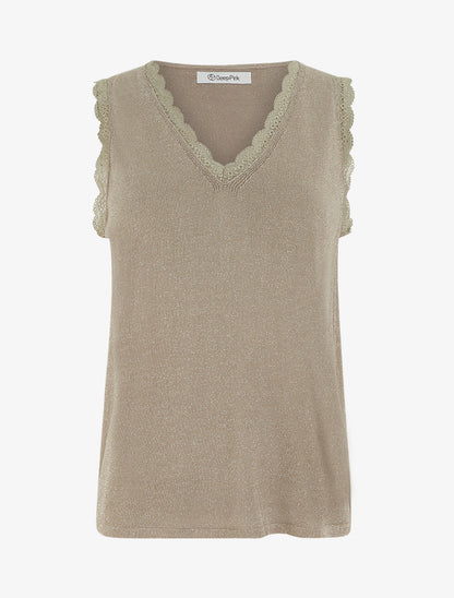 Débardeur irisé à col en dentelle - Taupe - 1
