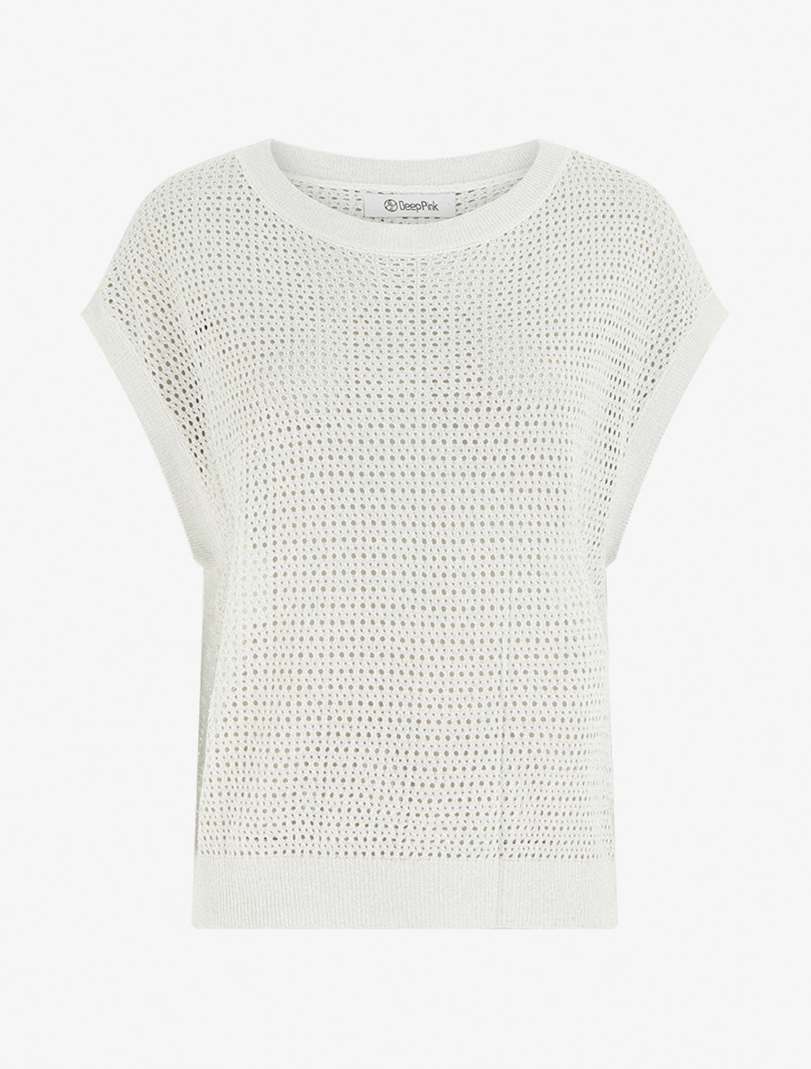 Top en maille fine ajouré et irisé - Blanc - 1