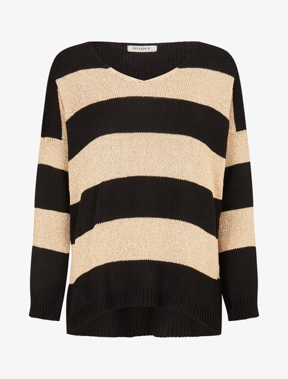 Pull en maille à bandes dorées - Noir - 1