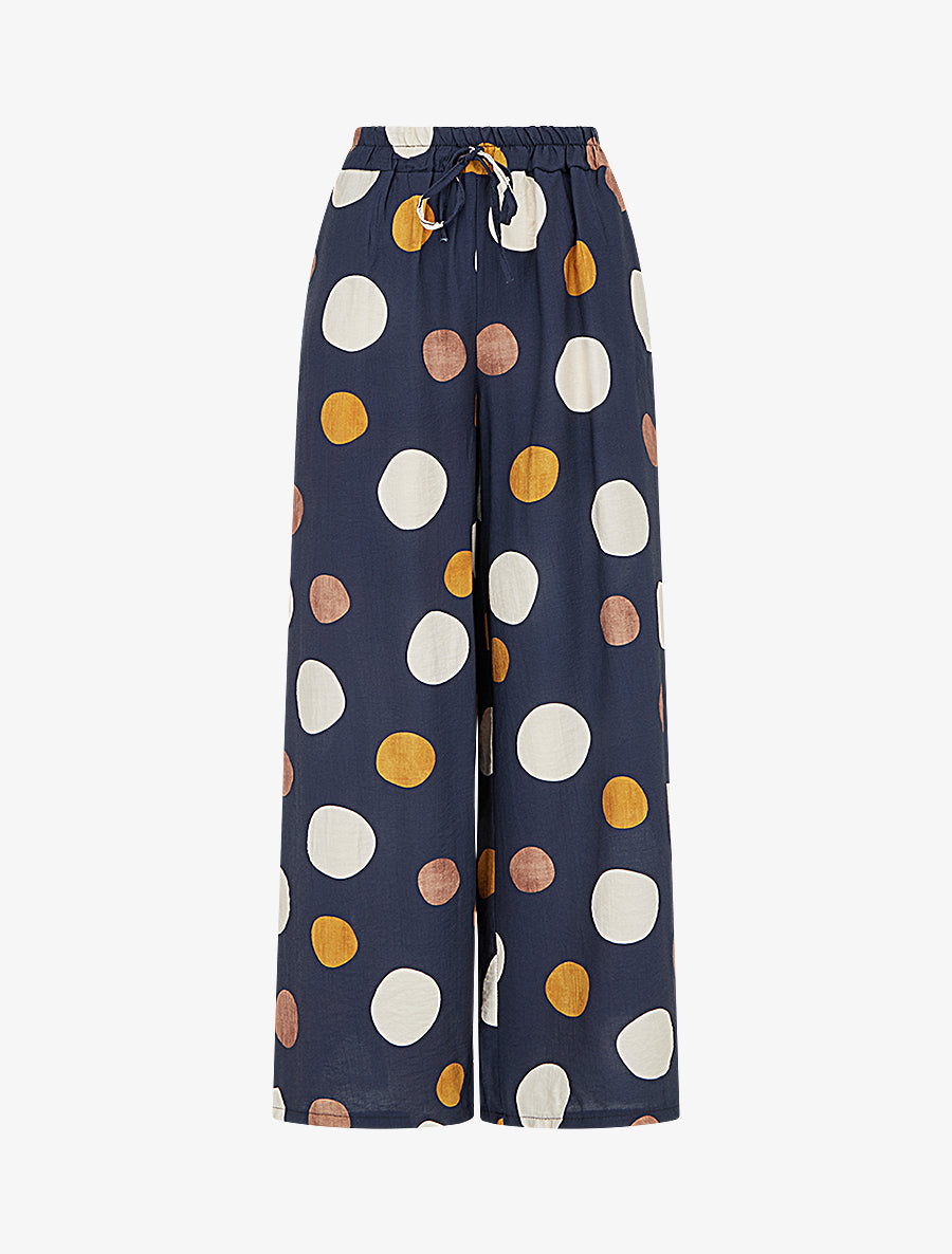 Pantalon imprimé ronds à taille haute élastiquée - Marine - 1