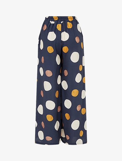 Pantalon imprimé ronds à taille haute élastiquée - Marine - 2