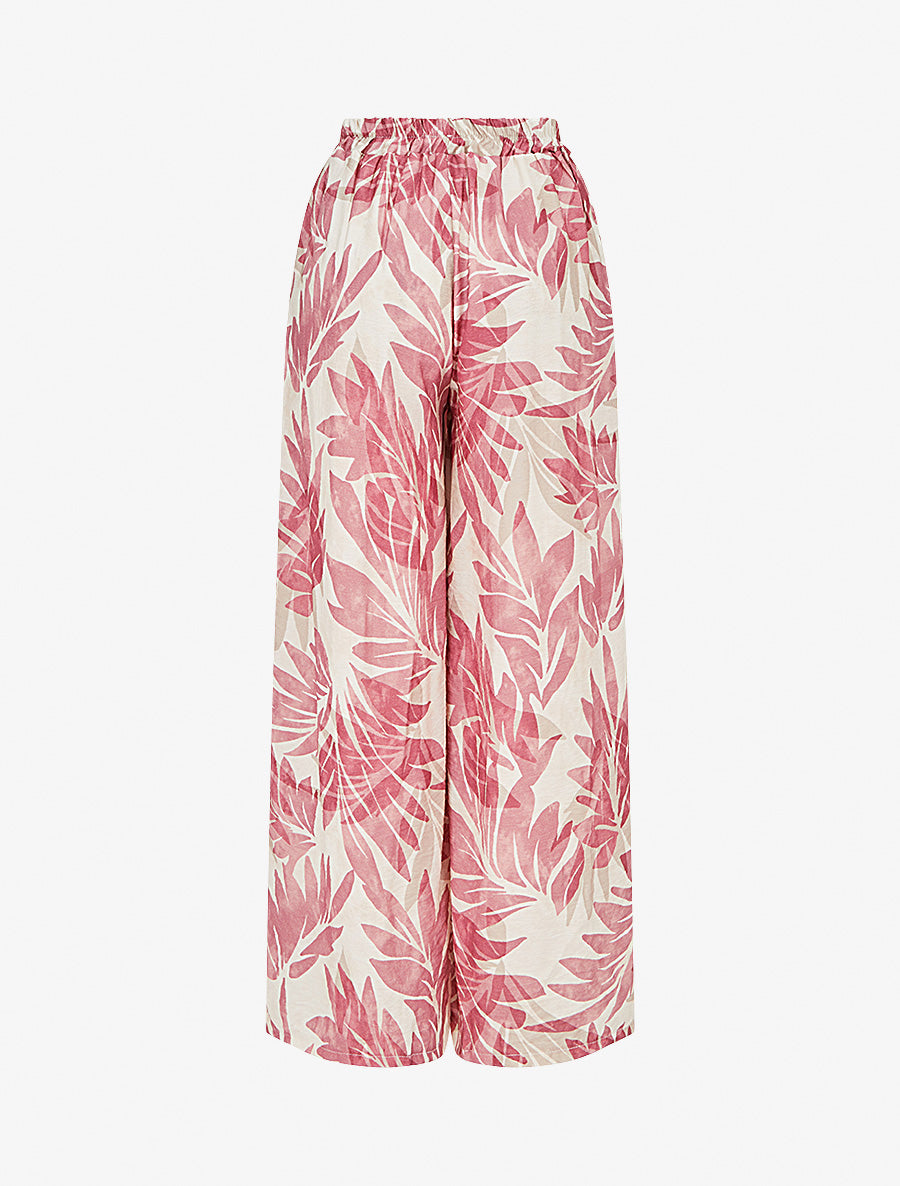 Pantalon imprimé feuillage et à taille haute élastiquée - Rose - 2