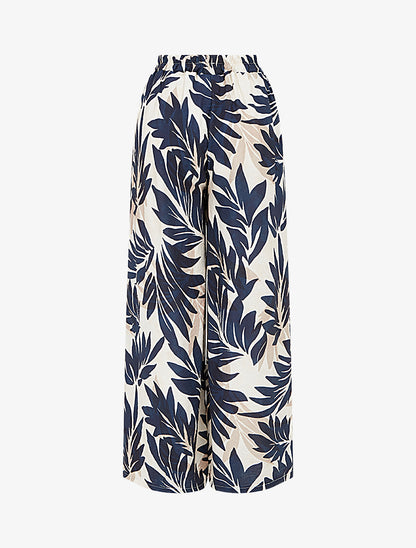 Pantalon imprimé feuillage et à taille haute élastiquée - Marine - 2