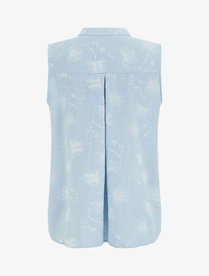 Top en lin boutonné à broderie floral - Bleu ciel - 2