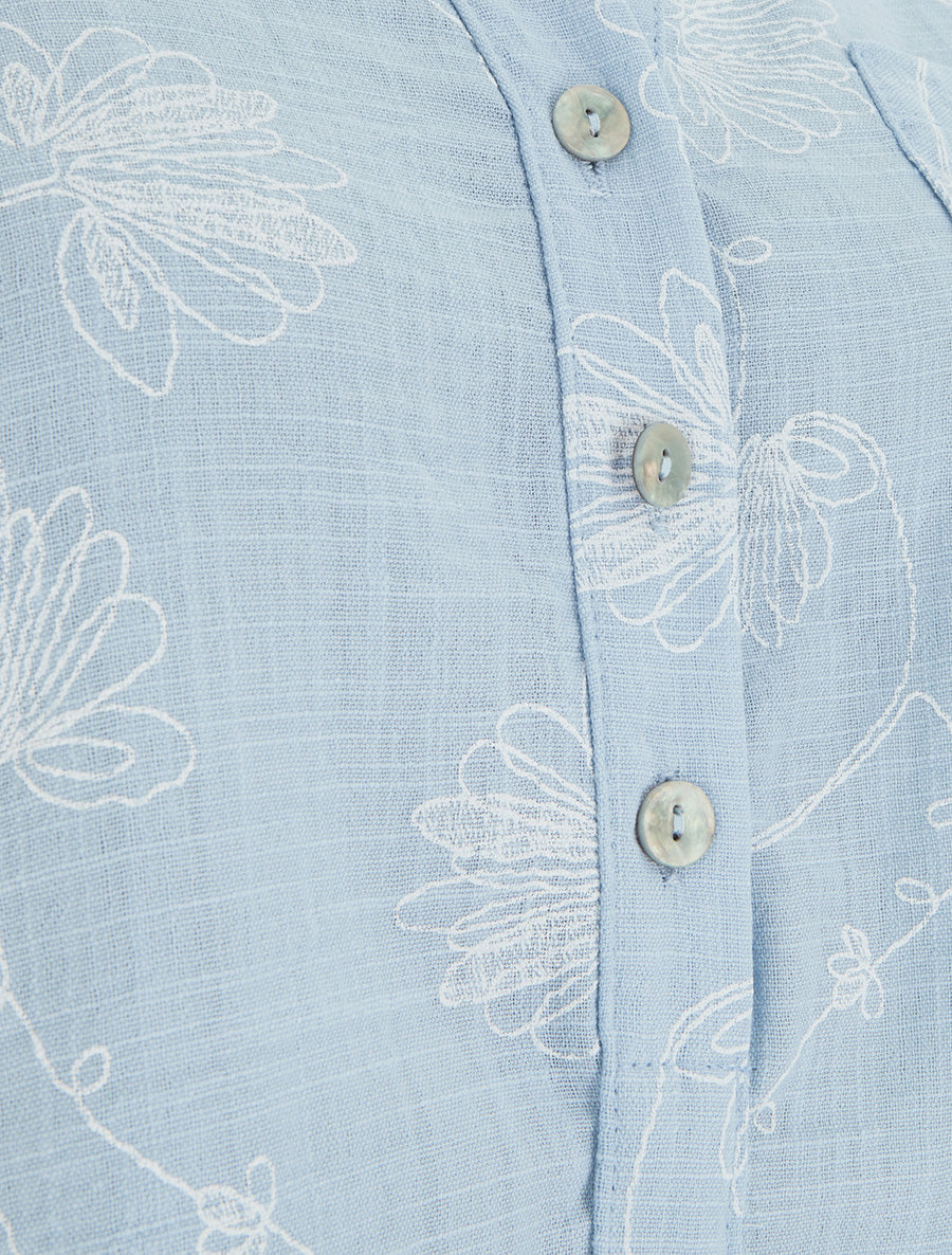 Top en lin boutonné à broderie floral - Bleu ciel - 3