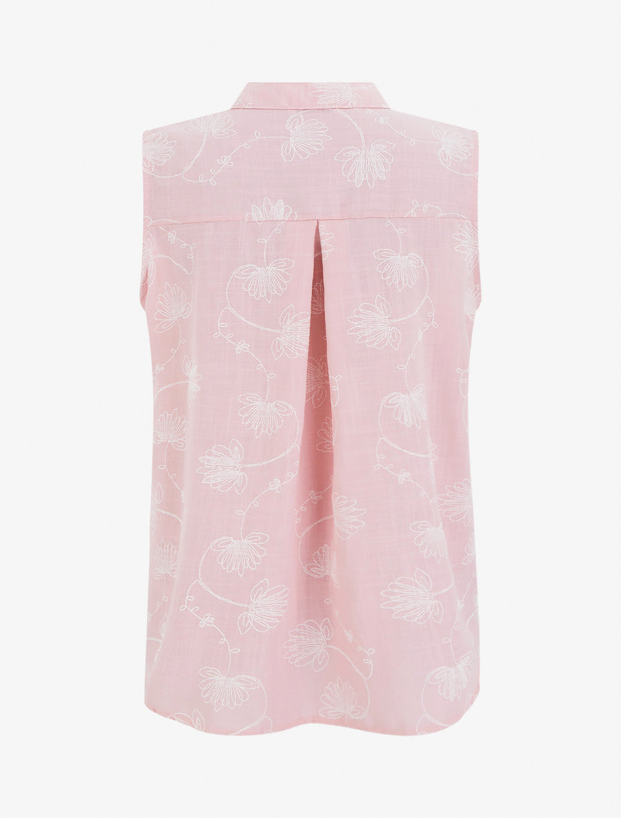 Top en lin boutonné à broderie floral - Rose - 2