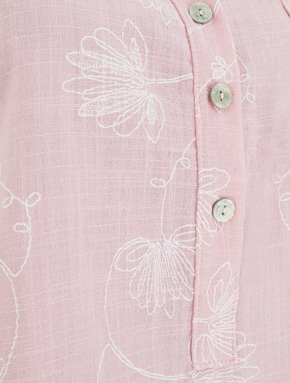 Top en lin boutonné à broderie floral - Rose - 3