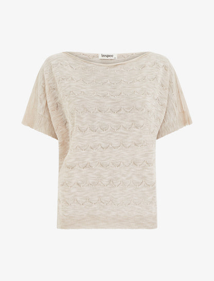 Top uni en maille ajourée à manches courtes - Beige - 1
