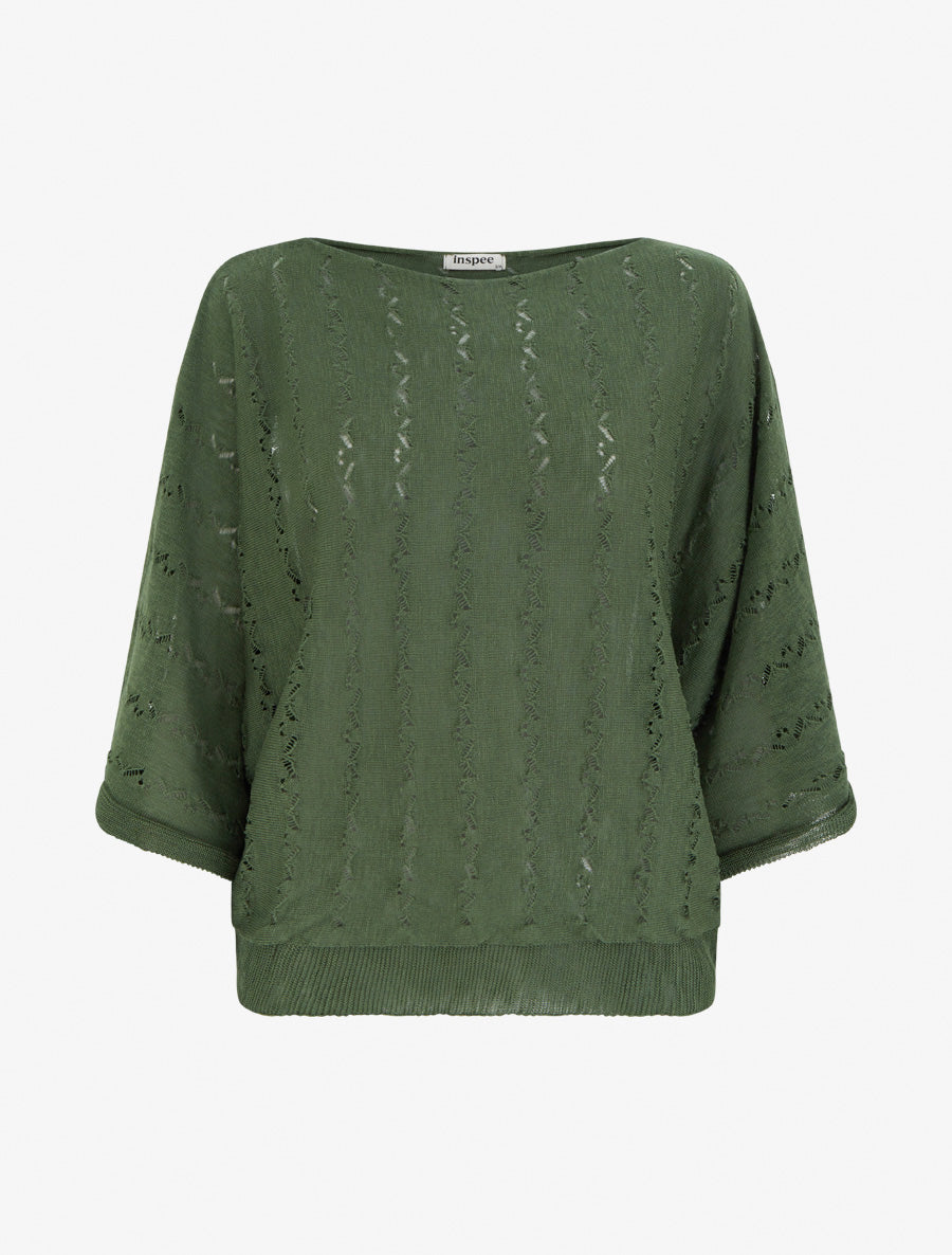 Top uni en maille ajourée à manches 3/4 - Kaki - 1
