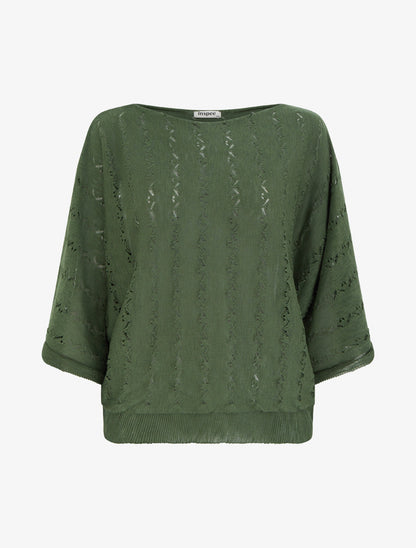 Top uni en maille ajourée à manches 3/4 - Kaki - 1
