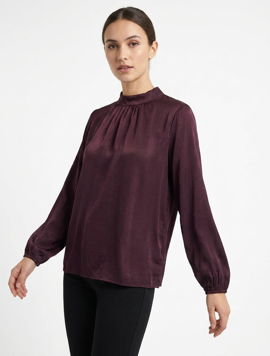 Satijnen blouse met elastische boorden - Pruim